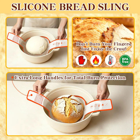 No Brainer All In One Sourdough Starter Kit For Beginners with silicone bread sling lifting dough from bowl.