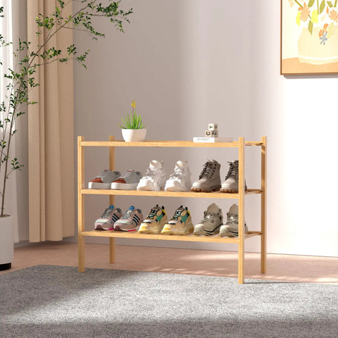Built Tough 3 Tier Bamboo Shoe Rack, Heavy Duty Freestanding Entryway Shelf For Closets Or Tiny Rooms, No Fuss Natural Wood Storage Rack With Deep Shelves 27X11X20