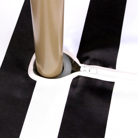 Close-up of Outdoor Round Tablecloth 60 Inch With Zipper Umbrella Hole Water Resistant Polyester Durable Patio Garden Table Cover black stripes
