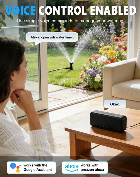 Woman using 2 Zone WiFi Sprinkler Timer With App Control in living room, controlling garden sprinklers via voice with Alexa.