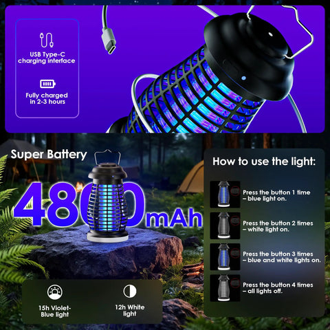 Cordless Mosquito Zapper For Outdoor And Indoor Use With 4200V High Voltage 4800mAh Rechargeable Battery Camping Light
