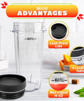 16 Oz Replacement Blender Cups With Lids Pack Of 2 shown with four lock tabs and max fill indicator