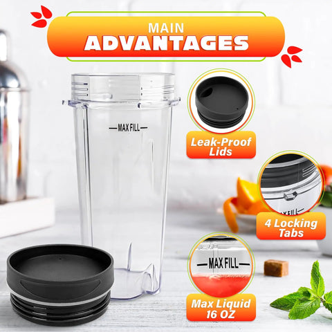 16 Oz Replacement Blender Cups With Lids Pack Of 2 shown with four lock tabs and max fill indicator