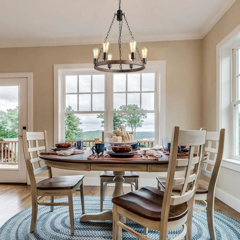 Dining room with Farmhouse Wagon Wheel Chandelier with Rustic Openwork Round Metal Frame and Natural Rope, 6 Light Fixture.