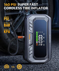160 PSI tire inflator feature of 12 In 1 Jump Starter With Air Compressor 8000A Peak 160 PSI Tire Inflator 65W Fast Charge Portable Car Battery Booster For All Gas Engines And 14L Diesel