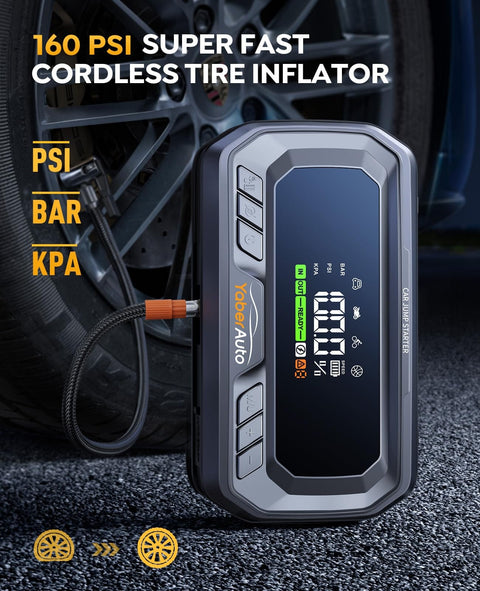 160 PSI tire inflator feature of 12 In 1 Jump Starter With Air Compressor 8000A Peak 160 PSI Tire Inflator 65W Fast Charge Portable Car Battery Booster For All Gas Engines And 14L Diesel