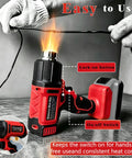 Straight Up Heavy Duty Cordless Heat Gun With Digital LCD Display And 350W Rapid Heating Power in use, showcasing lock-on button and flame.