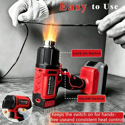 Straight Up Heavy Duty Cordless Heat Gun With Digital LCD Display And 350W Rapid Heating Power in use, showcasing lock-on button and flame.