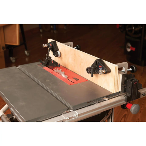 Kickass Flex Stock Guide For Portable Table Saw with slick rollers, mounted on saw for precise cuts on wood.