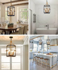 Modern 4 Light Lantern Pendant Chandelier in Matte Black and Brass Finish in dining room, bathroom, entryway, kitchen.