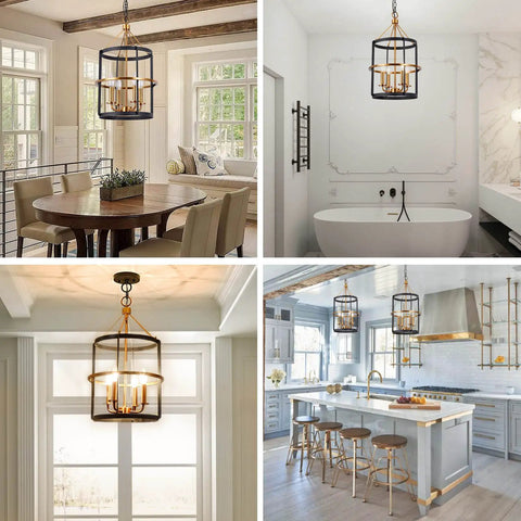Modern 4 Light Lantern Pendant Chandelier in Matte Black and Brass Finish in dining room, bathroom, entryway, kitchen.