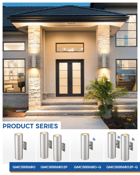 Front view of house with 2 Pack Outdoor Wall Lights Dusk To Dawn Sensor Dope Stainless Steel Wall Sconces, brushed nickel finish.