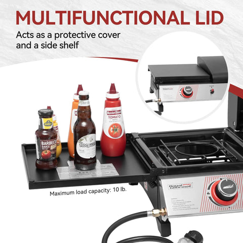 Multifunctional lid on Three Burner Propane Grill And Griddle Combo With Lid, shelf with sauces, 29,000 BTU, 3 in 1 Outdoor Kitchen