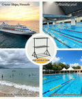 Rolling Life Vest Organizer Rack Is Total Game Changer For Sorting Water Sports Gear, shown at beach, pool, and cruise ship.