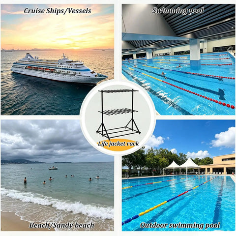Rolling Life Vest Organizer Rack Is Total Game Changer For Sorting Water Sports Gear, shown at beach, pool, and cruise ship.