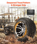 Golf cart with four 205/50-10 wheels, 10 inch aluminum alloy rims, beefy 4 ply rubber, showing tread pattern and all-terrain use