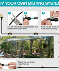 Dope Outdoor Patio Water Mister Cooling System Kit with assembly steps and garden application, showing hose and brass nozzles
