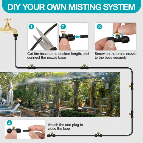 Dope Outdoor Patio Water Mister Cooling System Kit with assembly steps and garden application, showing hose and brass nozzles