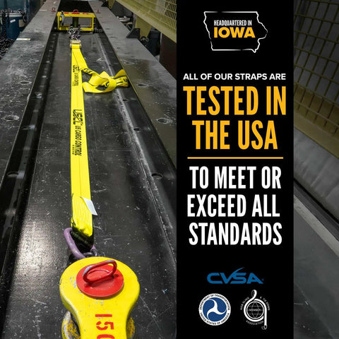 Heavy Duty 2 Inch Ratchet Straps 18 Feet Long Set Of 4 With J Hooks Blue Weather Resistant Webbing Beefed Up Tie Downs 3333 Lbs Working Load Limit Durable Construction For Heavy Hauls being tested in the USA for standards compliance.