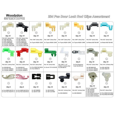 Must Have 224 Piece Door Lock Rod Clip Kit For GM Ford Chrysler Toyota Mazda Fits 4mm And 5mm Rod Size variety clips shown