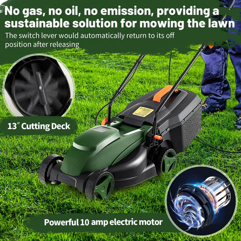 Electric Walk Behind Lawn Mower With 10 Amp Motor And 13 Inch Cutting Deck Grass Collection Bag 3 Adjustable Cutting Heights Corded Mower For Small To Medium Lawns Easy Start Go To Tool For Fast Garden Care, 13-inch deck