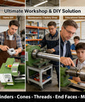 EQCOTWEA green 8x30 inch double-chuck metal lathe; three views in home workshop, factory shop, and classroom settings