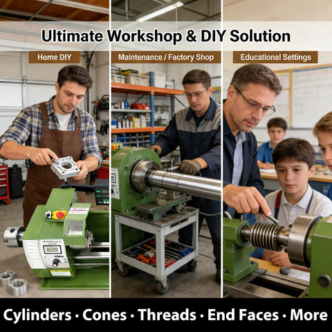 EQCOTWEA green 8x30 inch double-chuck metal lathe; three views in home workshop, factory shop, and classroom settings