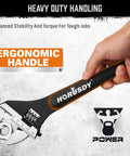 Hand holding a Heavy Duty Adjustable Spud Wrench Set 10 Inch, 12 Inch, 16 Inch with CR-V Steel, ergonomic handle, black oxide