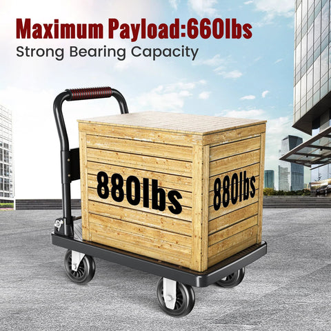 Upgraded Foldable Push Cart Dolly With 780 Lb Capacity And 360 Degree Swivel 5 Inch PU Wheels transporting a crate