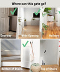 Image showing various home settings where the Extra Wide Baby Gate And Dog Gate For Hallways And Large Openings fits, excluding top of stairs.