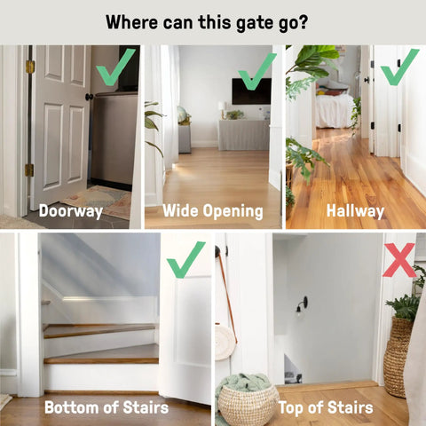 Image showing various home settings where the Extra Wide Baby Gate And Dog Gate For Hallways And Large Openings fits, excluding top of stairs.
