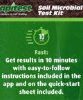 Label showing Soil Microbial Test Kit For Quick Health Check Of Your Dirt, 5 Tests with 10-minute results and instructions.