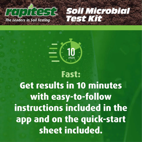 Label showing Soil Microbial Test Kit For Quick Health Check Of Your Dirt, 5 Tests with 10-minute results and instructions.