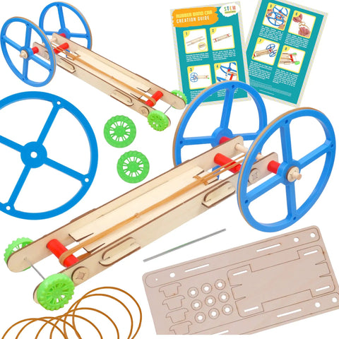 DIY Rubber Band Powered Car Kit For Kids 2-Pack Hands-On STEM Project For Physics And Motion Lessons components showcased