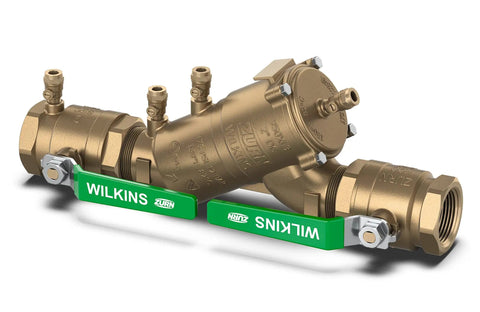 Two Inch Bronze Double Check Backflow Preventer With Quick Turn Ball Valves And Stainless Steel Handles, compact design and sturdy assembly.