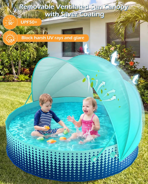 Two toddlers playing in 40 inch Kiddie Pool With Canopy And Shade For Backyard Water Play 40 Inch Foldable Toddler Pool With Sun Shelter Portable Wading Pool For Ages 1 To 3 Kid Friendly Beach Tent Style Sun Protection Easy Fold And Store under ventilated canopy
