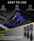 Ratchet Organizer Set For One Quarter Inch, Three Eighths Inch, And One Half Inch Ratchets With Low Profile Magnetic Drawer Mounts Modular Space Saving Drawer Organization In Blue For Toolboxes And Busy Shops installed in toolbox drawer