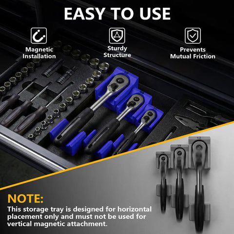 Ratchet Organizer Set For One Quarter Inch, Three Eighths Inch, And One Half Inch Ratchets With Low Profile Magnetic Drawer Mounts Modular Space Saving Drawer Organization In Blue For Toolboxes And Busy Shops installed in toolbox drawer