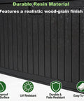 Heavy Duty 270 Gallon Outdoor Storage Box With Solid Locking Lid, Built Like A Tank For Rain Or Shine, Resin Deck Crate For Patios Yards And Pools, Keeps Cushions Locked Down Tight In Black with wood-grain finish.