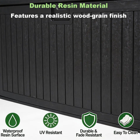 Heavy Duty 270 Gallon Outdoor Storage Box With Solid Locking Lid, Built Like A Tank For Rain Or Shine, Resin Deck Crate For Patios Yards And Pools, Keeps Cushions Locked Down Tight In Black with wood-grain finish.