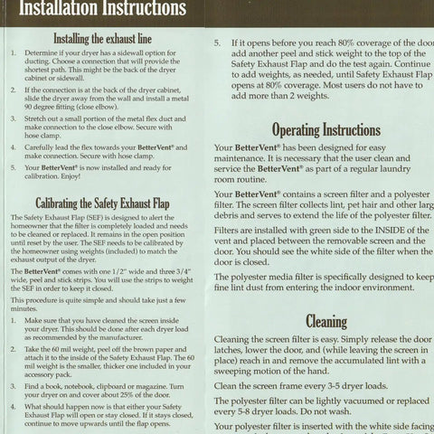 Installation instructions for Indoor Dryer Vent Kit For Electric Dryers No Water No Mess Energy Saver With Safety Vent Flap.