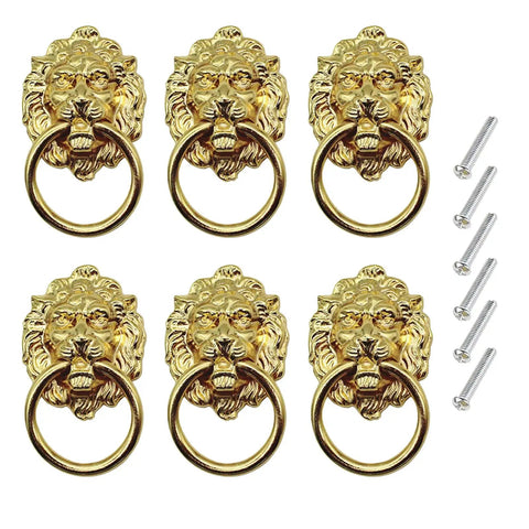 6 Pack Lion Head Dresser Pull Knobs With Rings Gold Finish Antique Style Cabinet Hardware For Drawers Cabinets Wardrobes