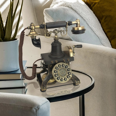 Vintage Eiffel Tower Style Rotary Phone With Push Button Dialing on glass table, Paris Inspired 1892 Reproduction