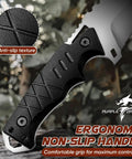Close-up of ergonomic handle on Fixed Blade Outdoor Knife With Kydex Sheath, Razor Sharp D2 Steel, Full Tang, Beast Of A Camping And Survival Tool For Bushcraft, Cutting Wood Rope And Game, Plain Blade, showing anti-slip texture.