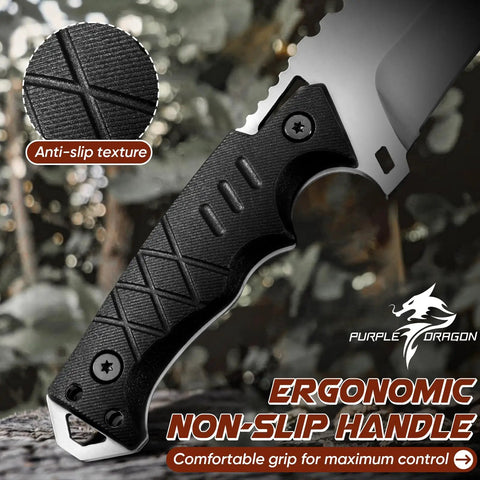 Close-up of ergonomic handle on Fixed Blade Outdoor Knife With Kydex Sheath, Razor Sharp D2 Steel, Full Tang, Beast Of A Camping And Survival Tool For Bushcraft, Cutting Wood Rope And Game, Plain Blade, showing anti-slip texture.
