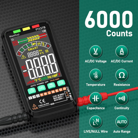 Rechargeable Digital Multimeter With Auto Ranging And Non Contact Voltage Detection TRMS 6000 Counts displaying features
