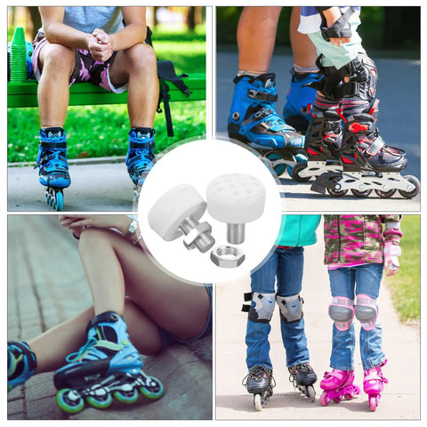2 Pack Braking Block Roller Skate Toe Stops For Quad And Inline Skates, white rubber plugs with skaters on inline skates
