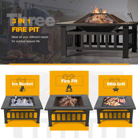 32 Inch Fire Pit Table Metal Outdoor Fire Pit With Waterproof Cover For Patio And Camping Black 3 In 1 Design showcasing fire pit, ice bucket, and BBQ grill