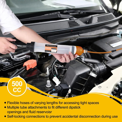 Grease Monkey Pick Fluid Extractor Pump With 39 Inch Hose And Reinforced Extension Tubes in use under car hood for fluid extraction.