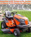 Say Bye To Wobbly Front Ends On Your Riding Mower With This Heavy Duty Bushing To Bearing Conversion Kit For Super Smooth Gliding And Trouble Free Yards Ahead. Orange riding mower with comfortable seat and steering wheel on grass.